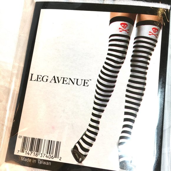 Leg Avenue 6007 Thigh High Skull Print Top Blk Wh  Stripe Discontinued  NWT NOS - Picture 3 of 5
